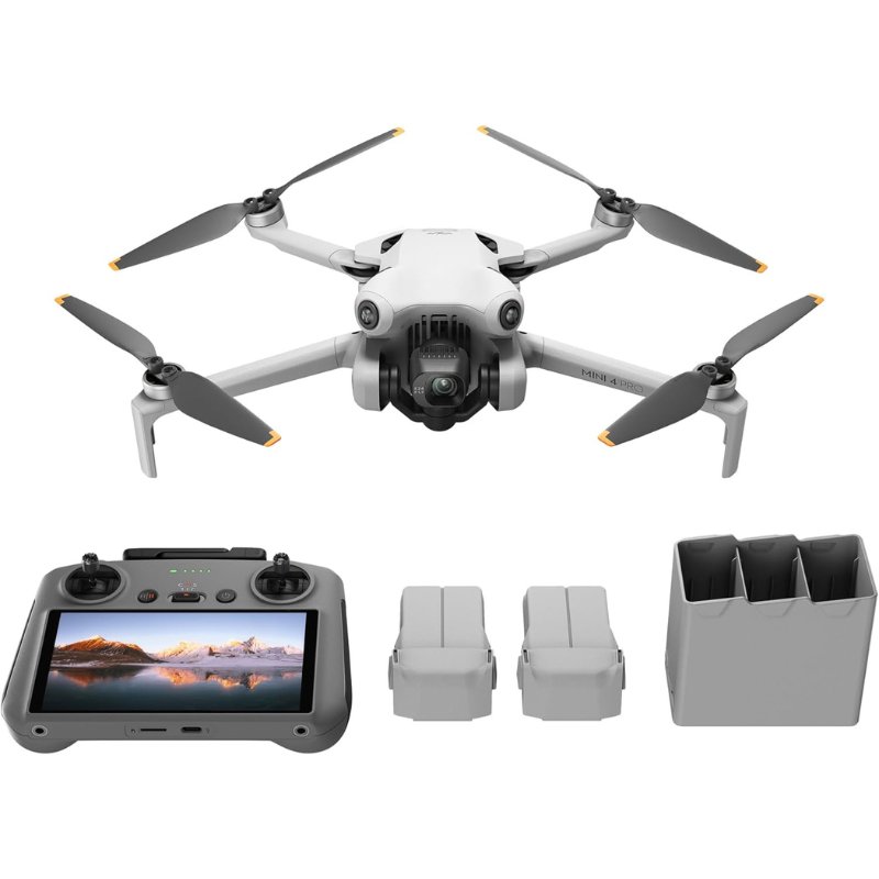 DJI Mini 4 Pro drone with the DJI RC 2 screen controller, two spare batteries and a charging hub